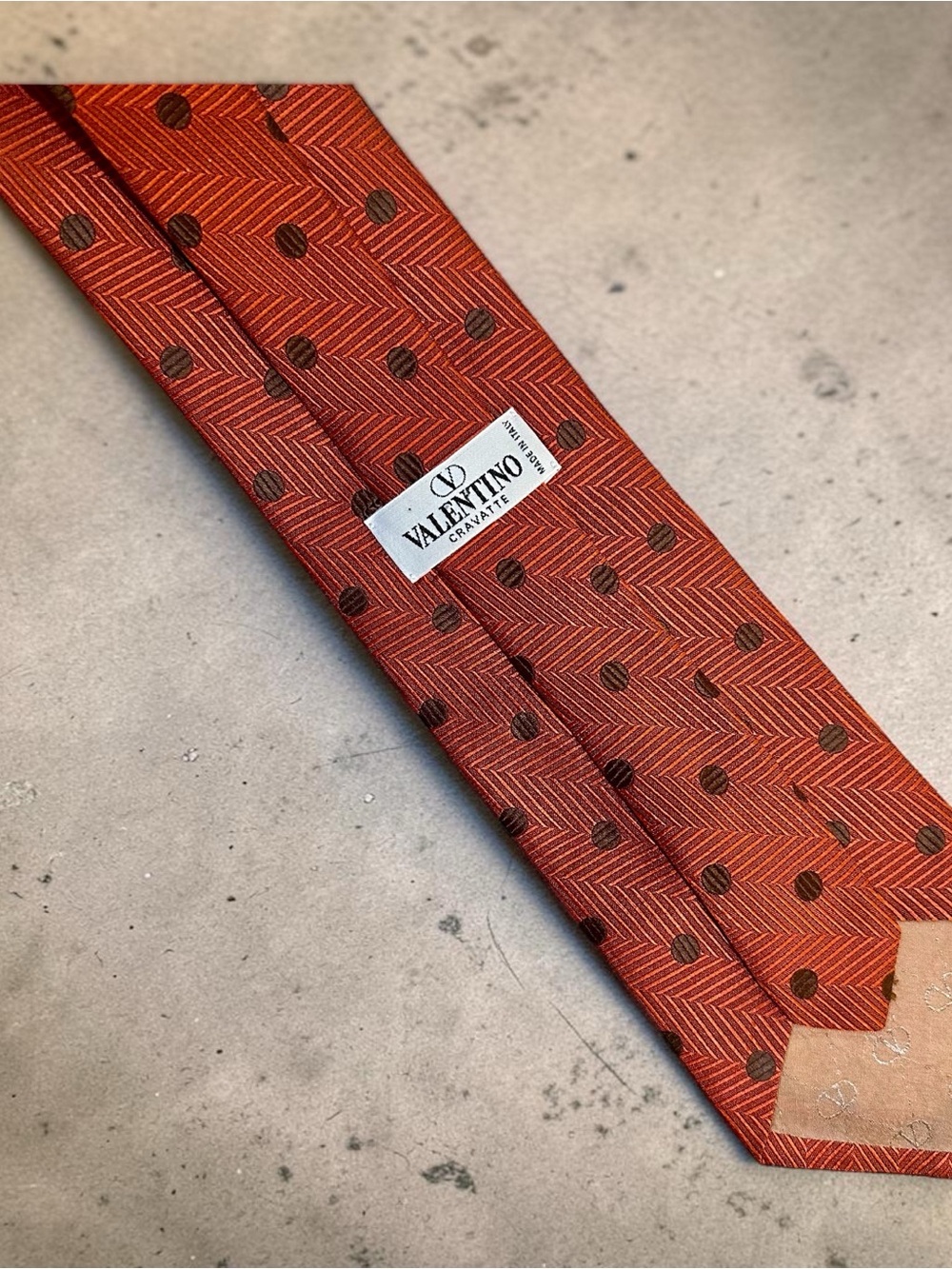 Valentino Rust Orange Silk Tie with Brown Dot Pattern